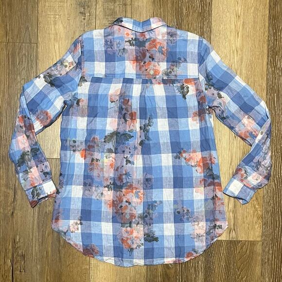 Joules 100% Linen Plaid Floral Print Button Down Shirt Size US 8 Blue Preppy - Picture 5 of 8